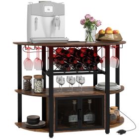 HOMCOM Wine Liquor Cabinet, Mini Bar Table Wine Stand with Charging Station, LED Lighted & Glass Holders for Home, Rustic Brown