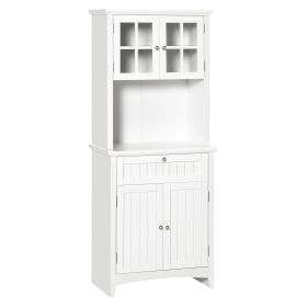 HOMCOM Kitchen Buffet Hutch Cabinet, Freestanding Kitchen Pantry Storage Cabinet Cupboard with Framed Glass Door, Drawer and Microwave Space, White