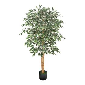 5FT Artificial Ficus Tree with Black Pot, Tall Faux Ficus Plant with Natural Wood Trunk and Realistic Green Leaves, Indoor Fake Silk Tree for Home