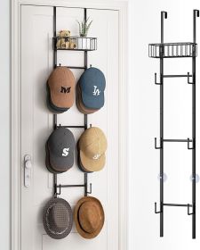 Over Door Hat Rack - Wall Mounted Hat Organizer with 6 Hooks and Metal Basket Design, Baseball Cap Organizer Storage Holder Up to 32 Caps for Doo
