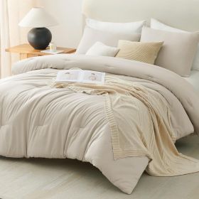 CozyLux Oatmeal King Size Comforter Set, 3 Pieces Solid Breathable Quilted Style Bedding Sets