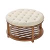 Large Round Ottoman Coffee Table, 31.9 Inch Tufted Coffee Table with Solid Wood Shelf Storage