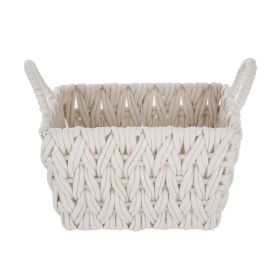 Medium White Woven Rope Decorative Storage Basket with Handles, 14.3 in x 11 in x 9 in