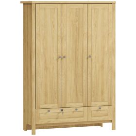 HOMCOM 3 Doors Wardrobe Closet with 2 Drawers, Bedroom Armoire with Lockable Drawer, Hanging Rod and Storage Shelves, Natural
