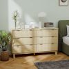 HOMCOM 6 Drawer Double Dresser for Bedroom, Fluted Chest of Drawers with Gold Finger Pulls and 5 Wood Legs, Natural Wood