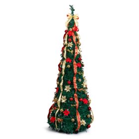 7 FT Fully Decorated Pre-lit Christmas Tree, Pop Up Artificial Xmas Tree With 200 Warm Lights Remote Control And Red & Golden Ornaments For Home (Option: 7ft)