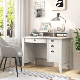 Vintage Computer Desk with Storage Shelves and 4 Drawers (Color: White)